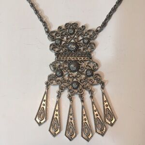 Filigree aged silver tone large statement necklace pendant renaissance fair